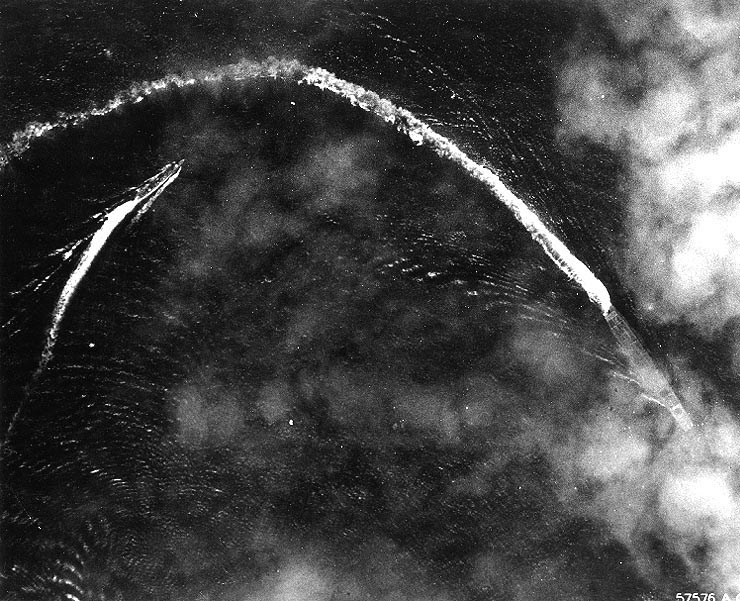 Akagi and a destroyer under B-17 attack at Midway, shortly after 0800, 4 Jun 1942