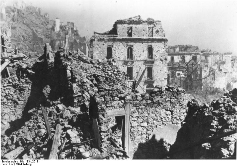 Ruined buildings in Cassino, Italy, early 1944
