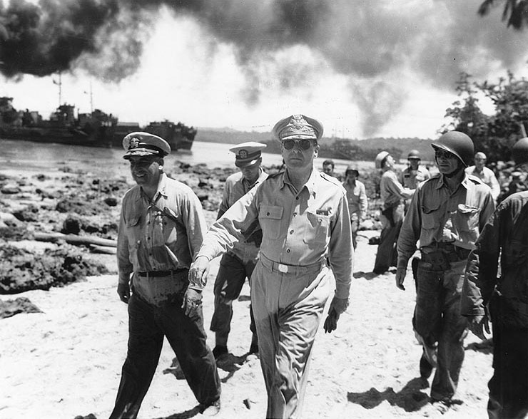 Barbey and MacArthur inspected the invasion beaches at Morotai Island, 15 Sep 1944