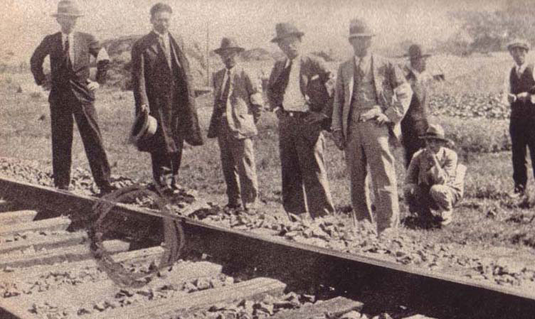 Japanese rail officials and reporters at the site of the alleged railroad sabotage, near Mukden, Liaoning Province, China, 18 Sep 1931