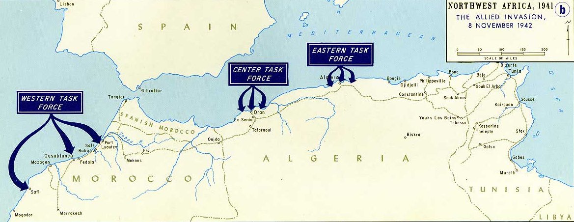 Map showing Operation Torch landings in North Africa, 8 Nov 1942