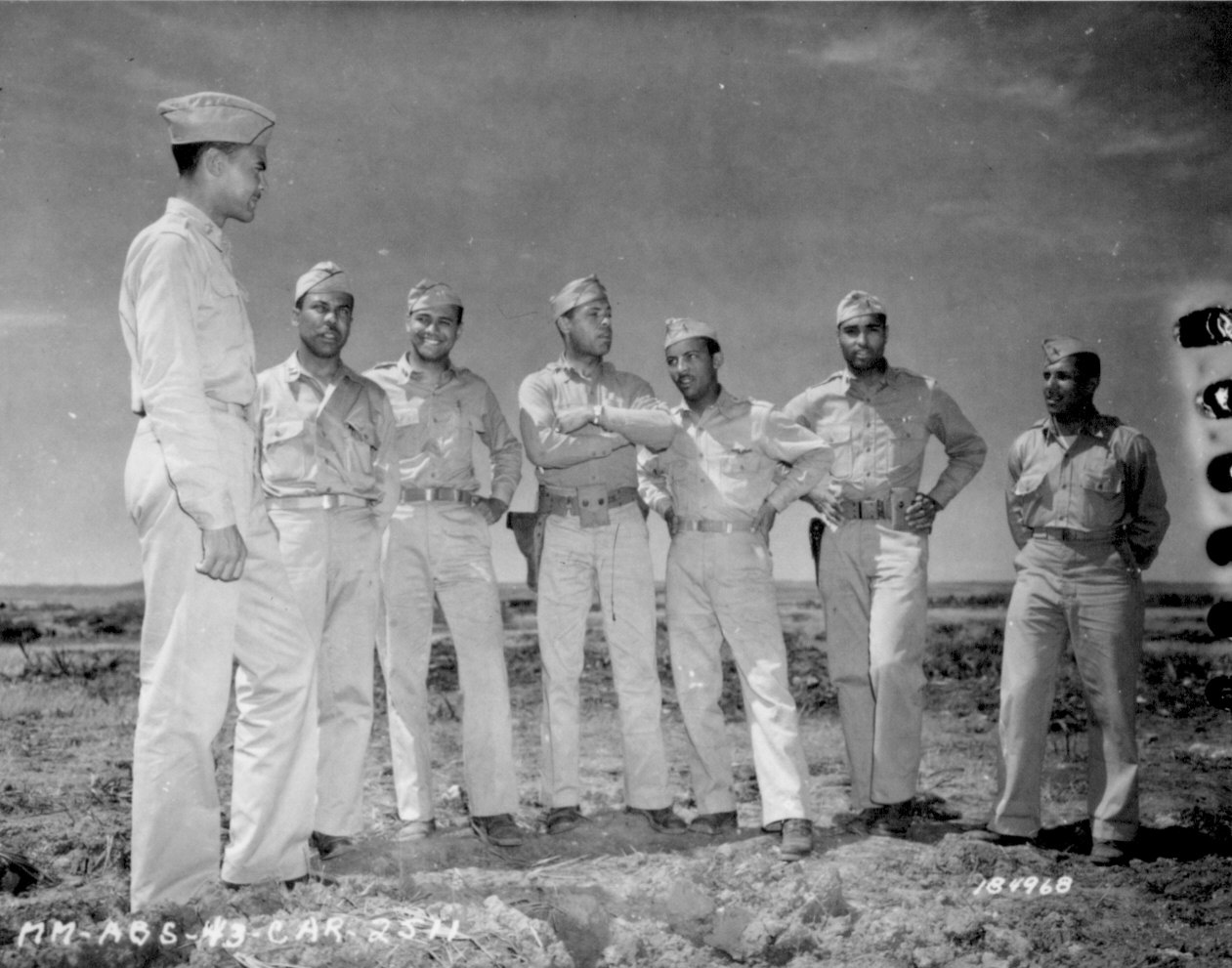 US Army African-American Air Corps officers, Fez, French Morocco, 12 May 1943: Lt Col Benjamin Davis, Capt H. Johnson, Capt Jones, Lt Thompson, Lt Carter, Lt Lawrence, Lt Currie