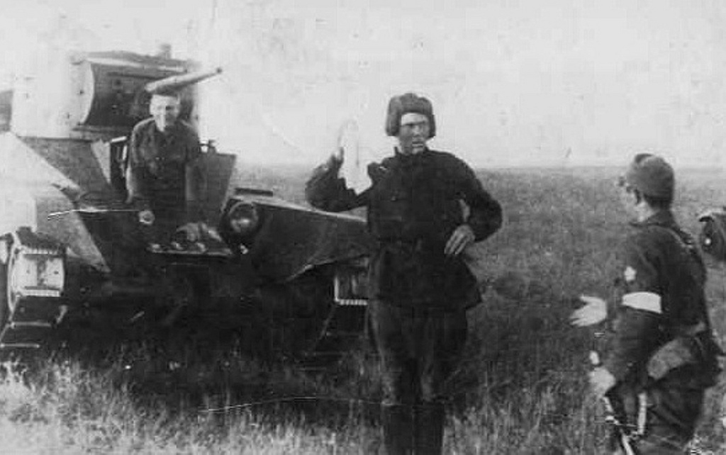 Soviet BT-5 tank crew surrendering to Japanese troops, Mongolia Area, China, 1939