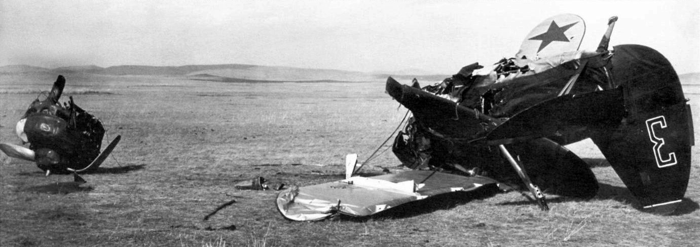 Wrecked Soviet aircraft during the Battle of Khalkhin Gol, Mongolia Area, China, Aug 1939