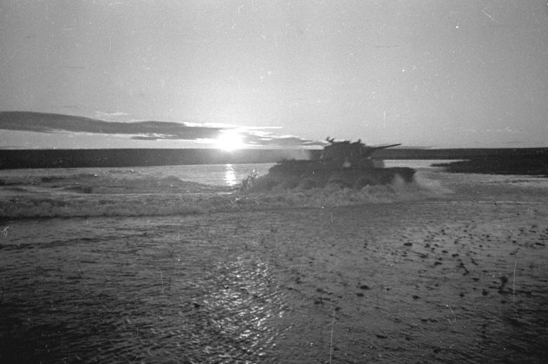 Soviet BT-7 tank crossing a shallow portion of the Khalkhin Gol river, Mongolia Area, China, Aug 1939