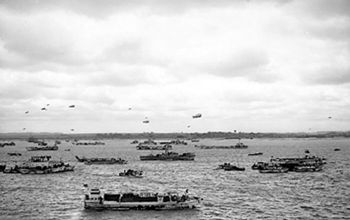 British warships surrounding the motor launch carrying King George VI, off Normandy, France, 16 Jun 1944
