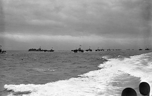 Allied landing ships sailing for the invasion beaches at Normandy, France, 5 Jun 1944