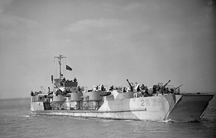 Quarter bow view of a Landing Craft Flak (LCF) during invasion rehearsal off the Isle of Wight, Southern England, United Kingdom, 28 Apr 1944