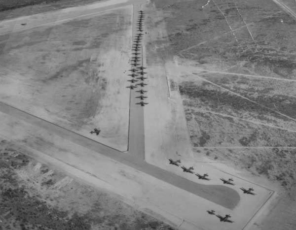 Almost 40 C-47 Skytrain aircraft at a training airstrip in Texas, 1943.