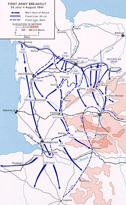 Map depicting the US 1st Army's breakout in Normandy, France, 24 Jul-4 Aug 1944