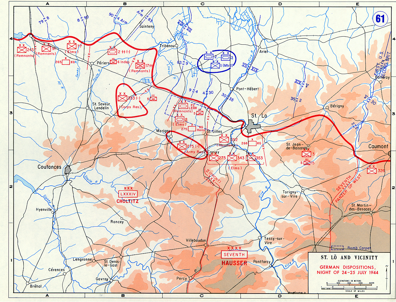 Map depicting the situation near Saint-Lô, France during the night of 24-25 Jul 1944