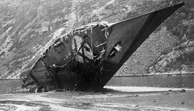 German destroyer Z11 Bernd von Arnim beached and scuttled in the fjord Rombaksbotn near Narvik, Norway, 1940