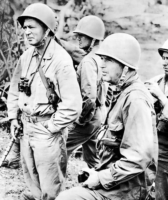 United States Army Lieutenant General Simon Buckner, Jr. (with camera) and Major General Lemuel Shepperd, Okinawa, Japan, circa May-Jun 1945