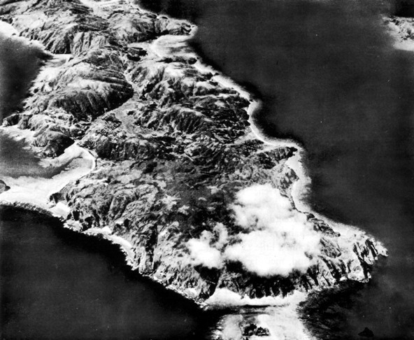 Aerial view of Tokashiki Island, Okinawa, Japan, 1945