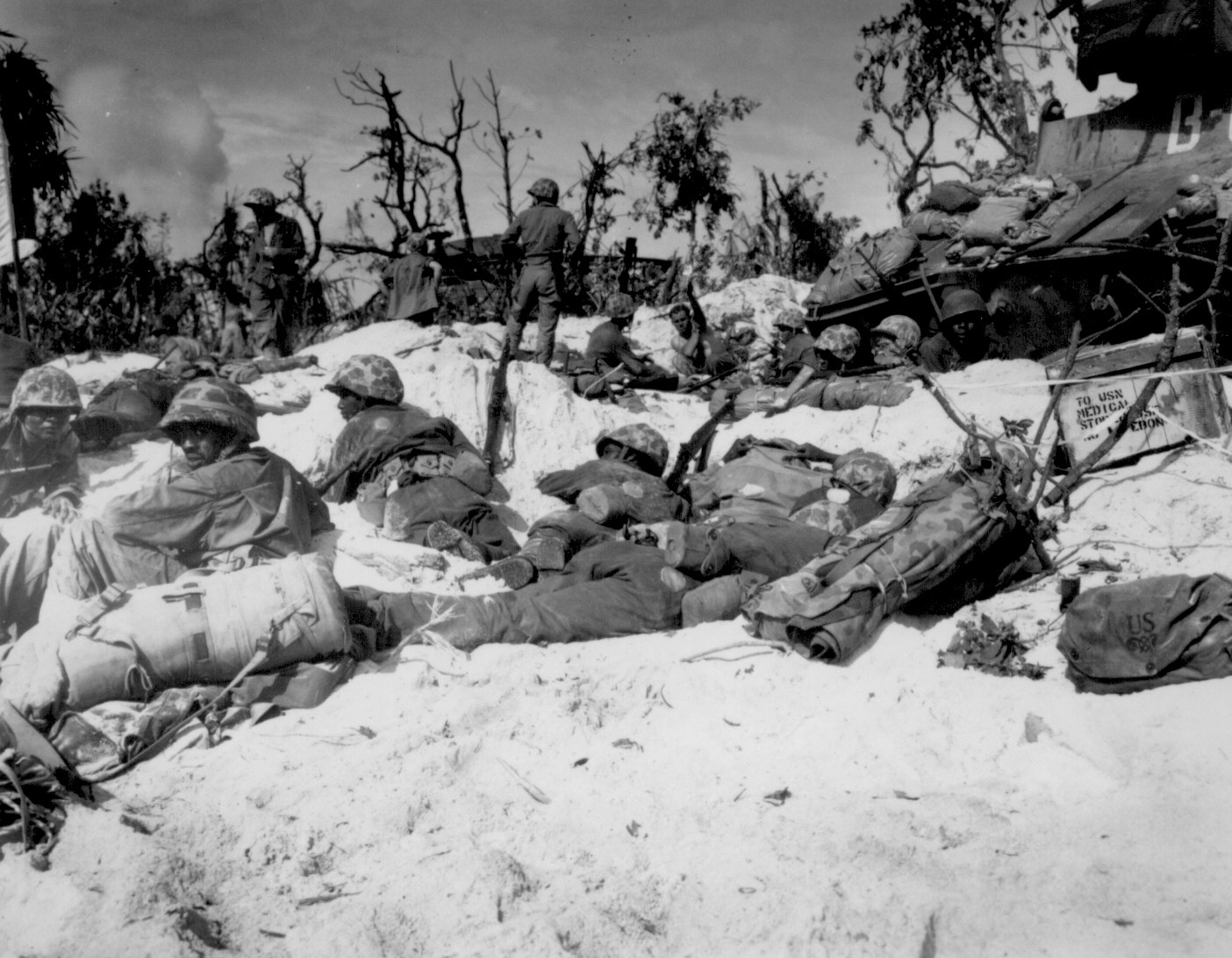 African-American US Marines resting during the campaign for Peleliu, Palau Islands, 15 Sep 1944