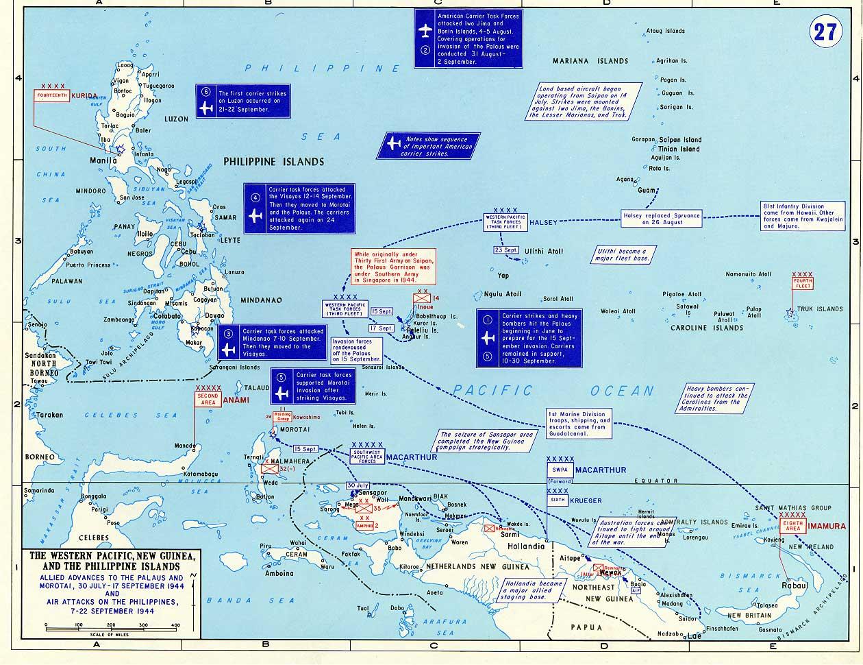 Map depicting Allied advances in the southwestern Pacific Ocean area, 30 Jul-22 Sep 1944