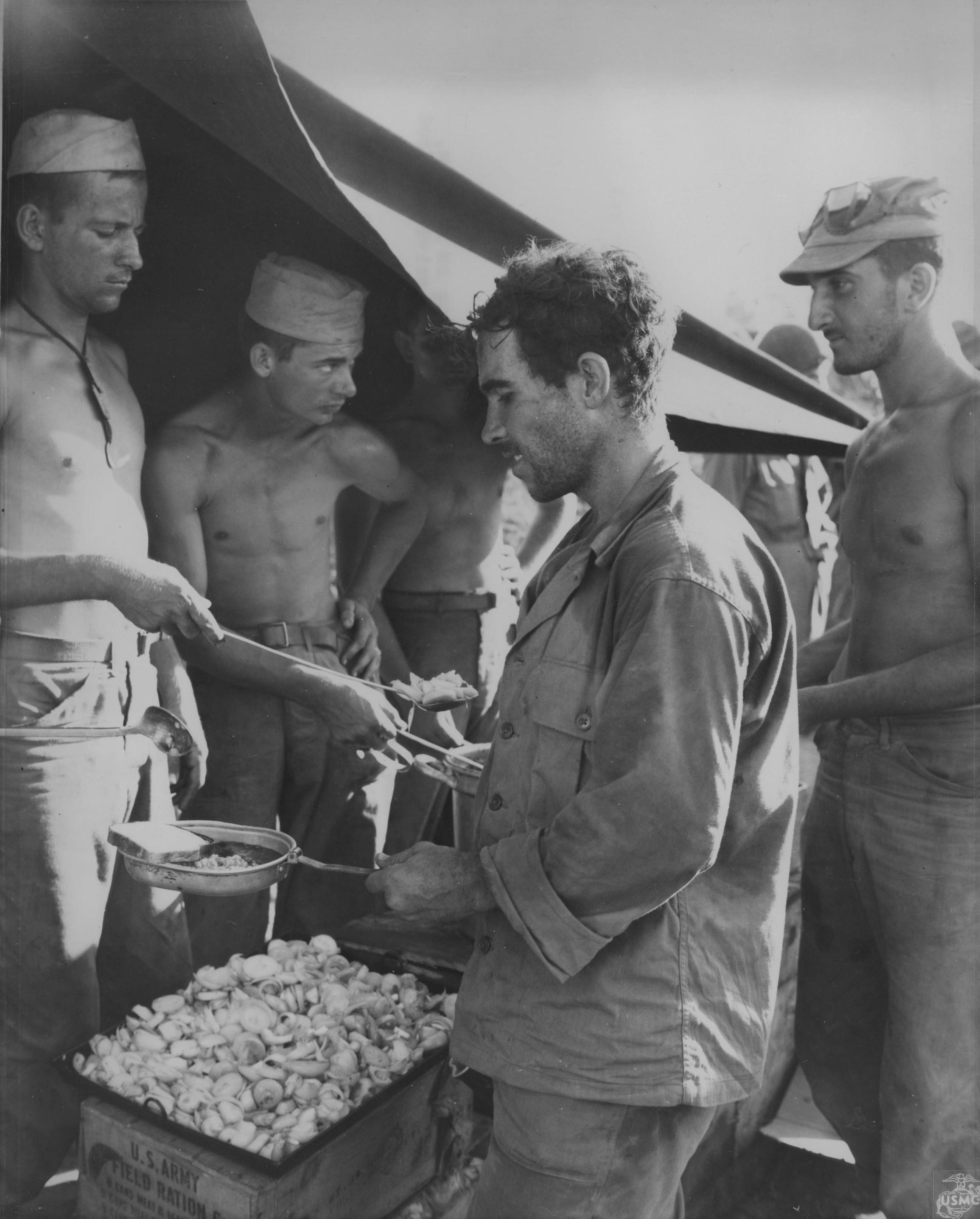 US Marines in a chow line, Peleliu, Palau Islands, Sep 1944
