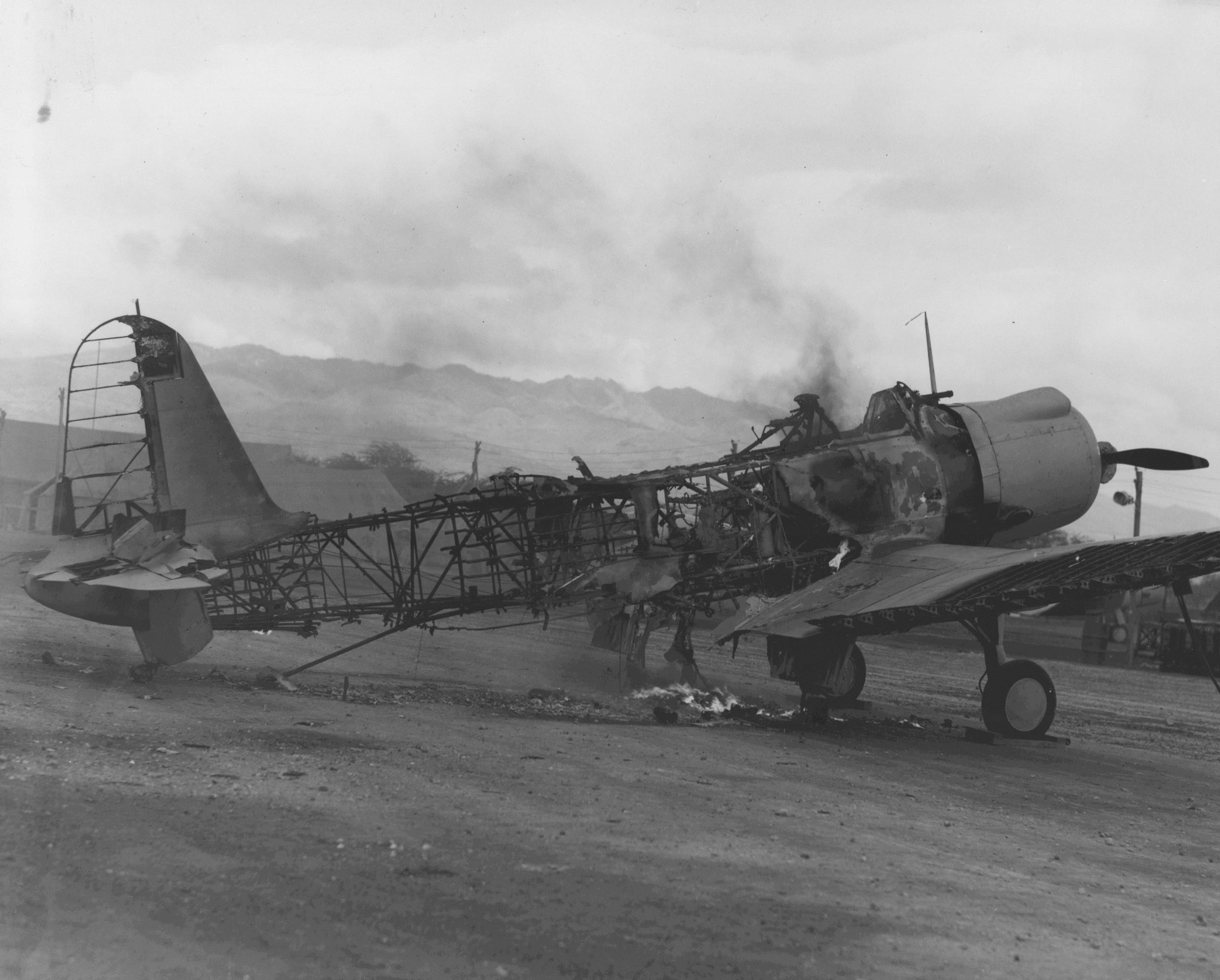 Destroyed SB2U Vindicator aircraft at Ewa Field, Oahu, US Territory of Hawaii, Dec 1941