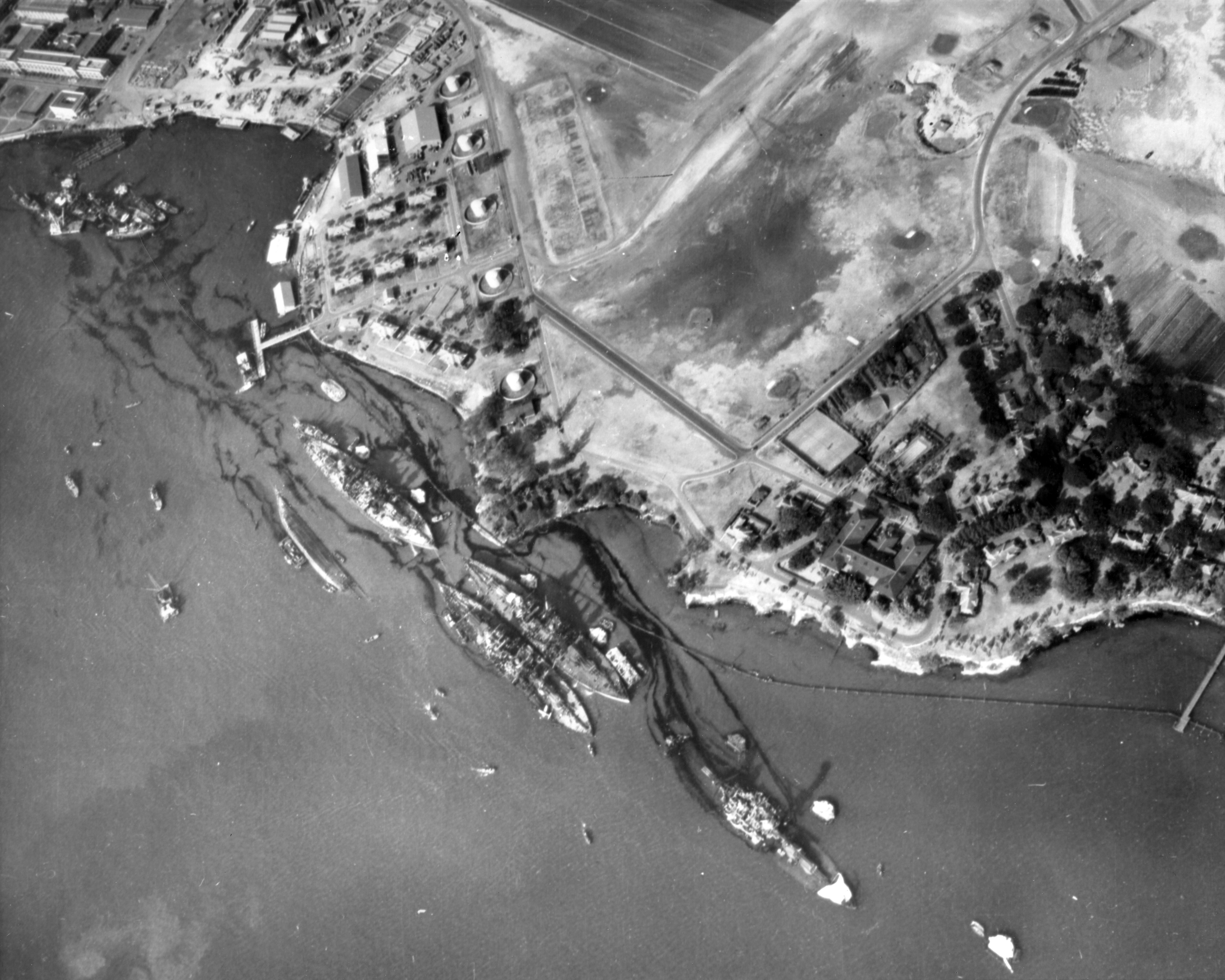 Aerial view of 'Battleship Row', Pearl Harbor, Oahu, US Territory of Hawaii, 10 Dec 1941. Photo 1 of 2