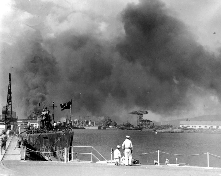 View of Pearl Harbor Navy Yard from the submarine base, Oahu, US Territory of Hawaii, 7 Dec 1941, photo 1 of 2; USS Narwhal at left and various ships in background