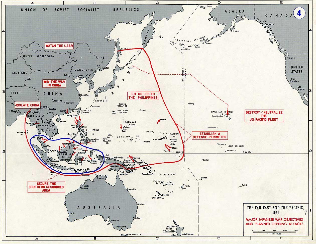 Map noting Japanese objectives in the opening stages of the Pacific War in late 1941 to early 1942