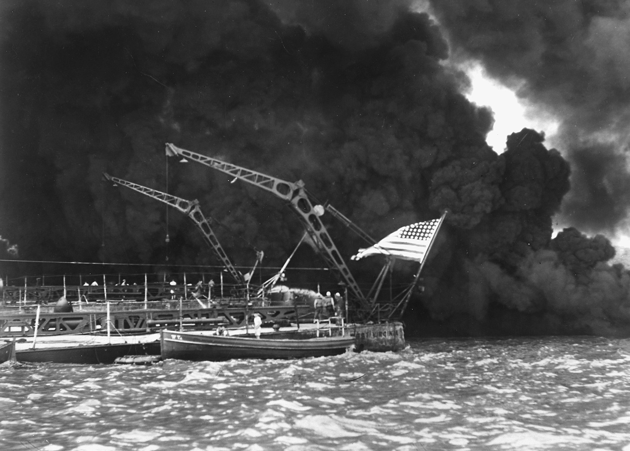Partially sunken stern of USS West Virginia at Pearl Harbor, Oahu, US Territory of Hawaii, 7 Dec 1941