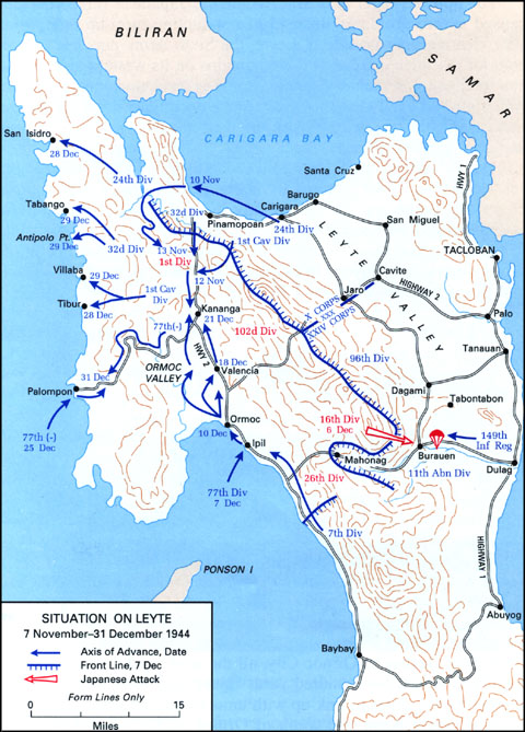 US map of the situation on Leyte, Philippine Islands, as of 31 Dec 1944