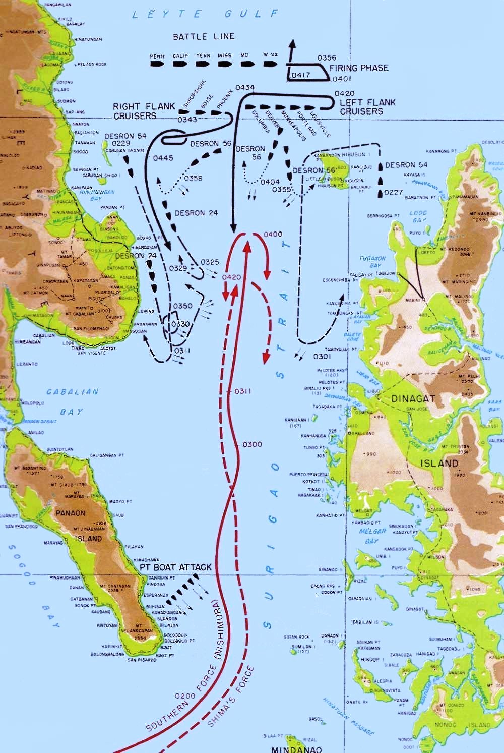 Map depicting fleet movements during the Battle of Surigao Strait, 25 Oct 1944