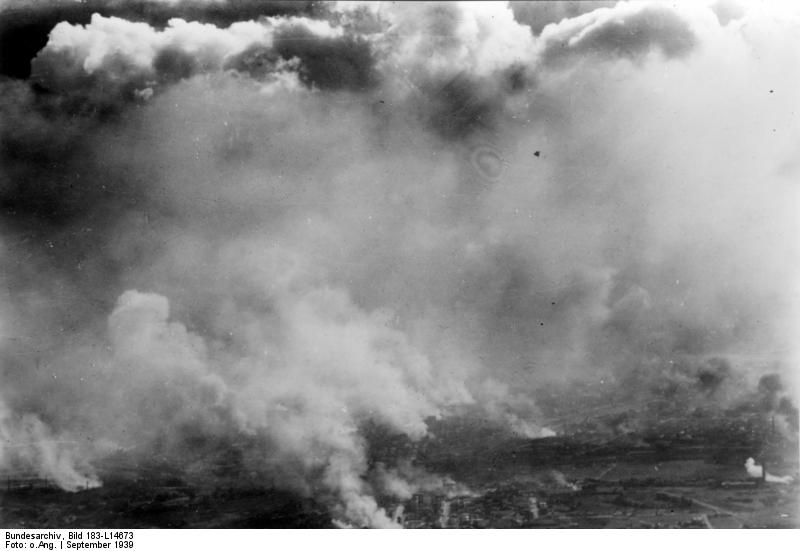 Aerial view of Warsaw, Poland, Sep 1939, photo 2 of 3; note columns of smoke from fires
