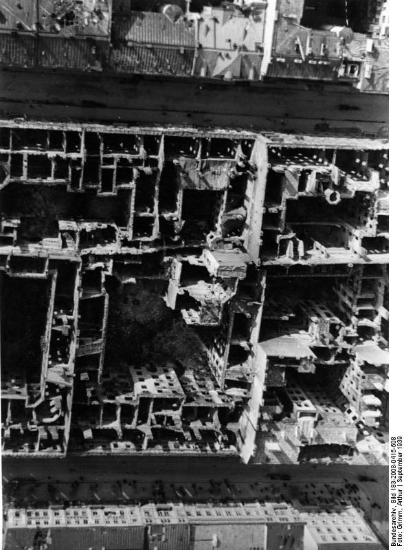 Aerial view of destroyed buildings between Zielna and Marszalkowska Streets in Warsaw, Poland, Sep 1939