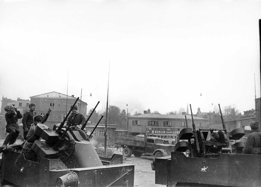 Soviet M-17 vehicles in the streets of Danzig, Germany, late-Mar 1945