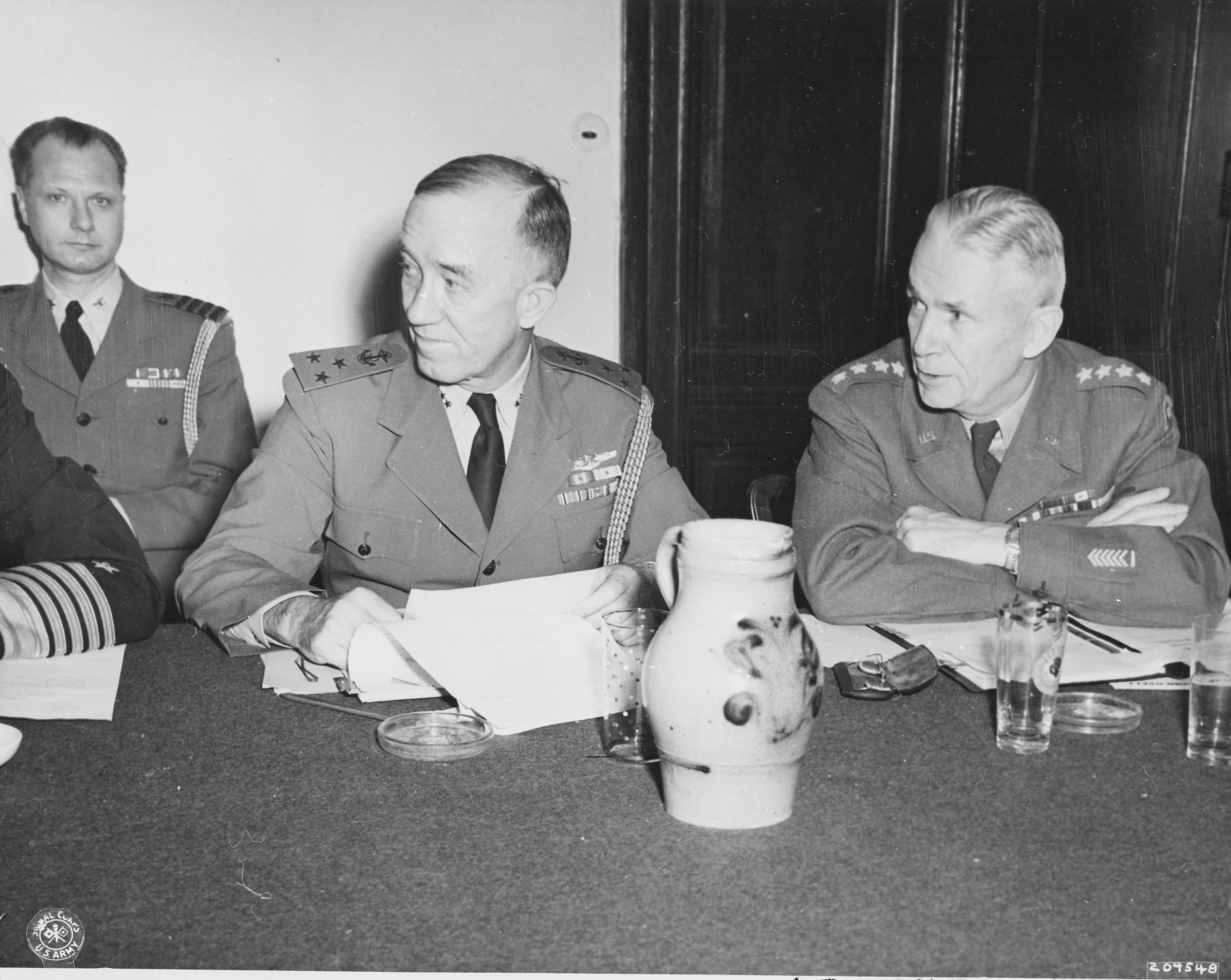 Vice Admiral C. M. Cooke, Jr. and General Brehon Somervell at a meeting during the Potsdam Conference, Germany, 21 Jul 1945