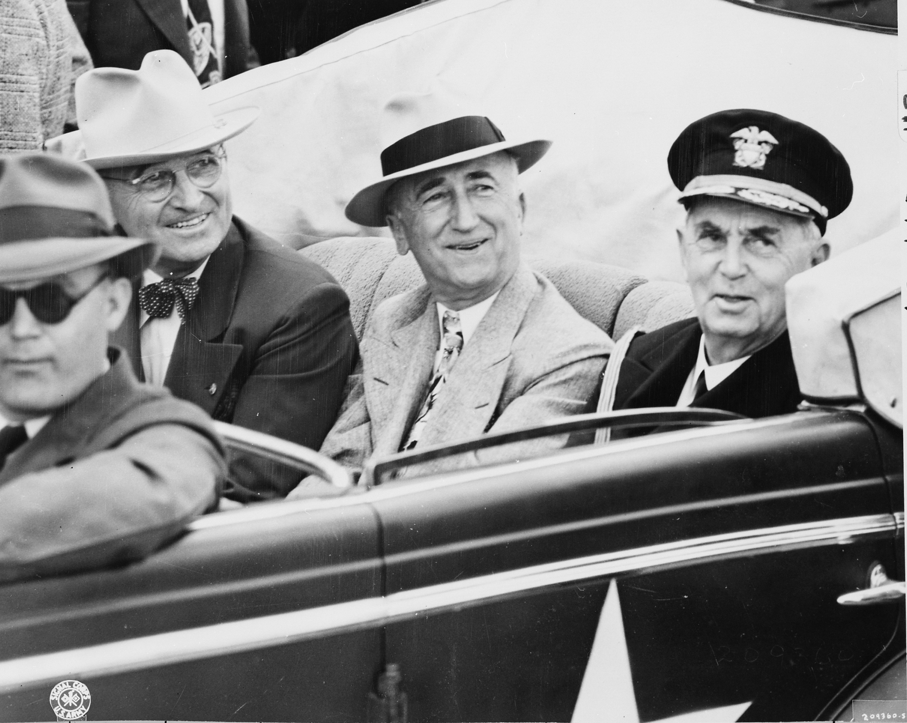 US President Harry Truman, Secretary of State James Byrnes, and Fleet Admiral William Leahy visiting Berlin, Germany, 16 Jul 1945