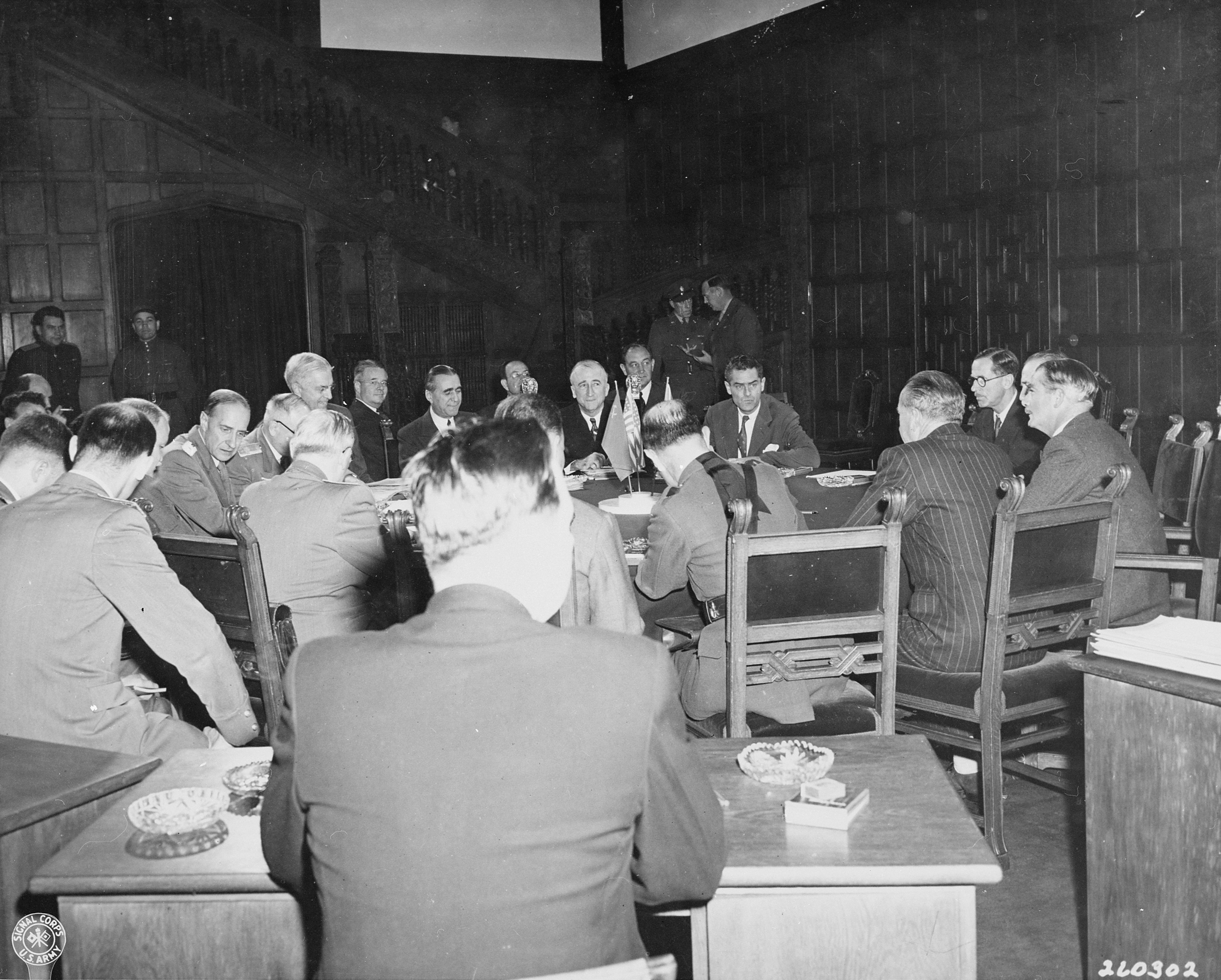 Meeting of Allied foreign ministers, Schloss Cecilienhof, Potsdam, Germany, 24 Jul 1945, photo 1 of 3; note James Byrnes of US, Anthony Eden of UK, and Vyacheslav Molotov of USSR