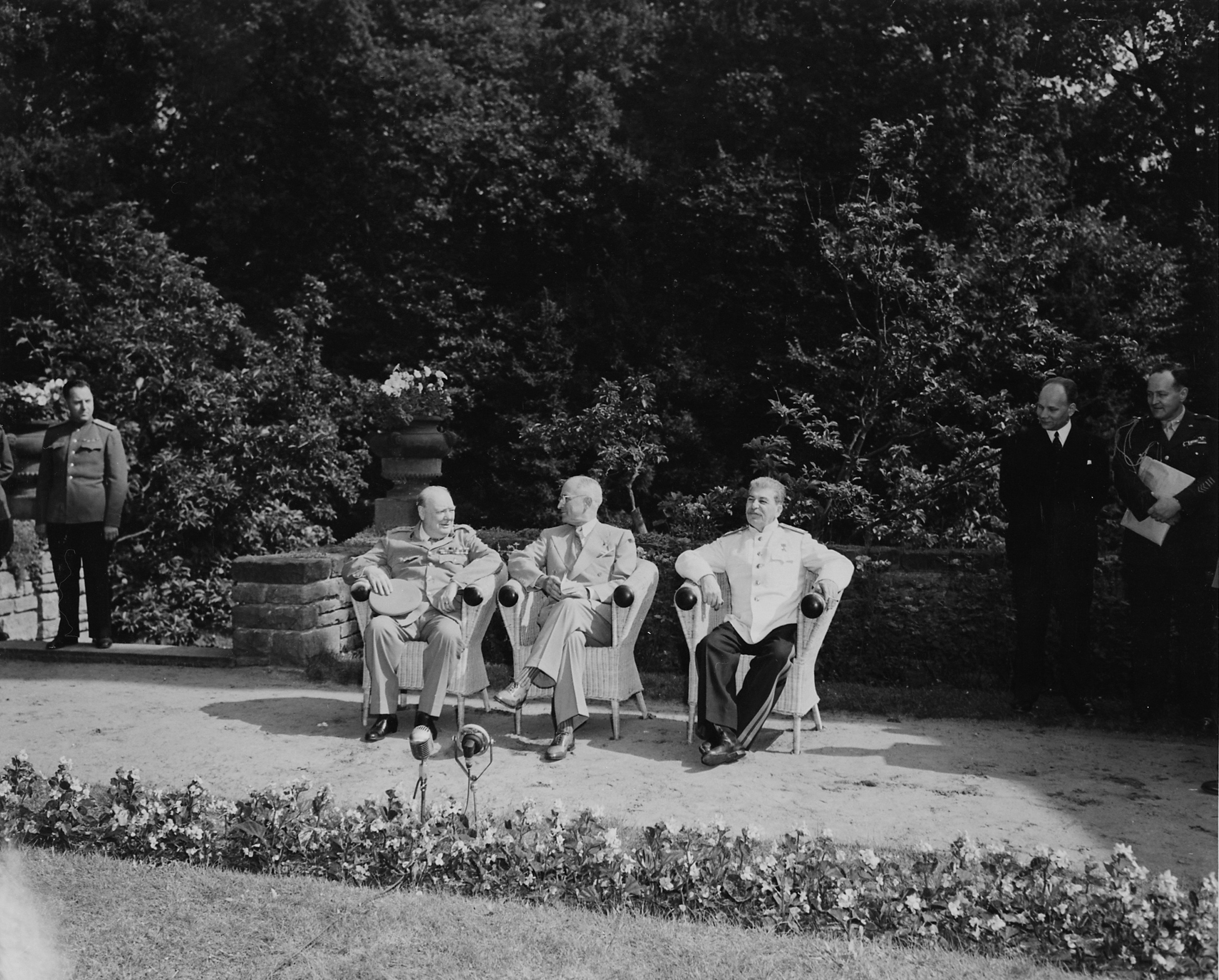 Winston Churchill, Harry Truman, and Joseph Stalin at the Potsdam Conference, Germany, 28 Jul 1945, photo 3 of 3