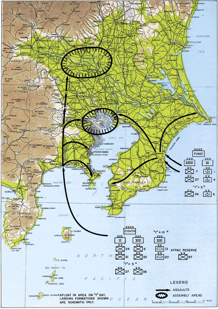 Map depicting the proposed invasion routes of Operation Coronet