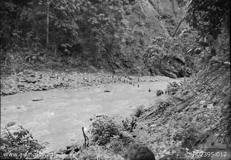 Australian troops crossing the Adler River as they moved toward Palmalmal Plantation, late Jan 1942