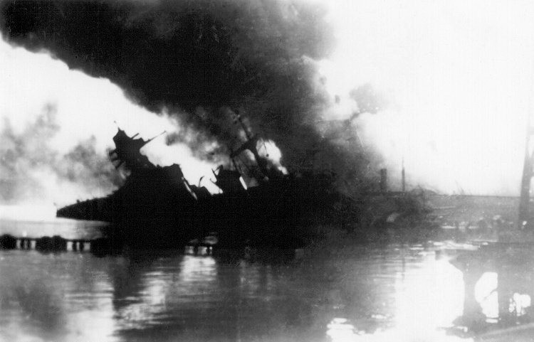 Cruiser Marseillaise aflame at Toulon, France, circa 27 Nov 1942