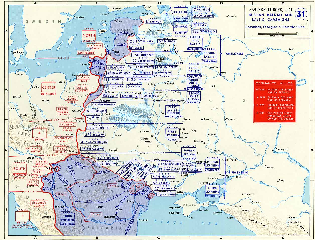 Map depicting Soviet advances in the Baltic States and Romania, 19 Aug-31 Dec 1944