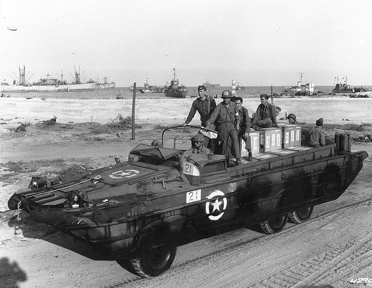 A DUKW amphibious truck with a load of blood and medical personnel, southern French coast, 26 Aug 1944