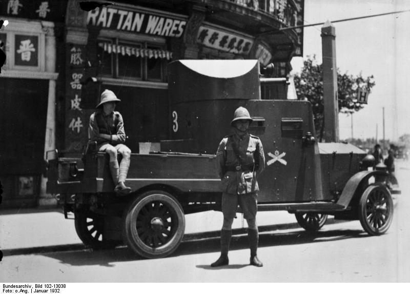British light armored car in the Shanghai International Settlement, China, Jan 1932