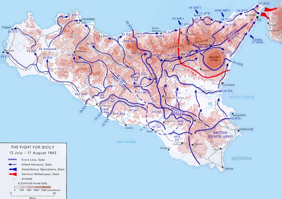Map noting the Allied advances in Sicily, Italy, 12 Jul to 17 Aug 1943