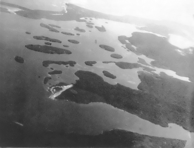 Aerial view of the Segi Point Airfield at the southeastern tip of New Georgia in the Solomon Islands; the airfield was constructed by US Navy 47th Construction Battalion in mid-1943