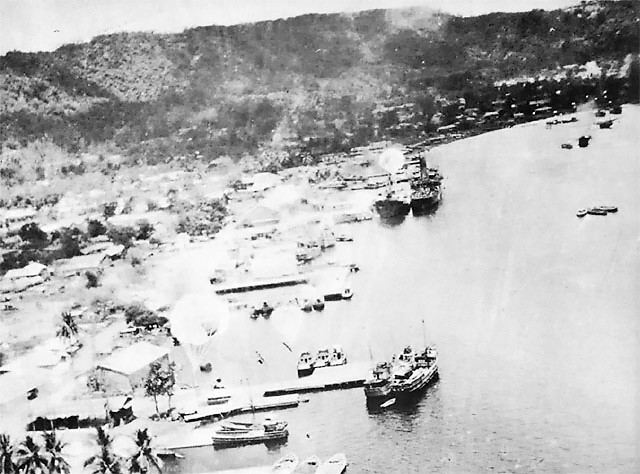 Parafrag bombs falling in Simpson Harbor, Rabaul, New Britain, 1940s