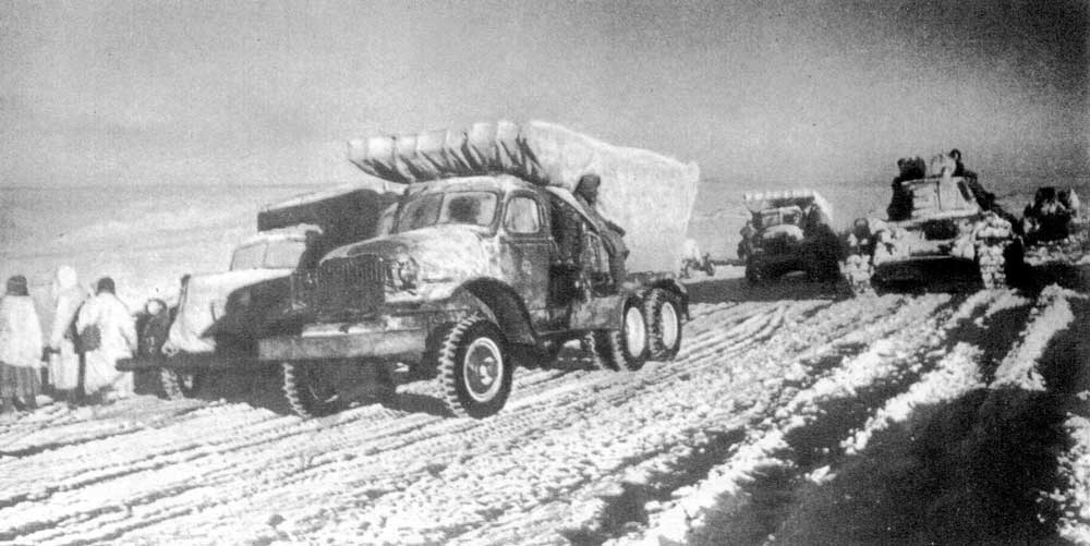 Soviet Katyusha and T-34 vehicles near Stalingrad, Russia, circa late 1942