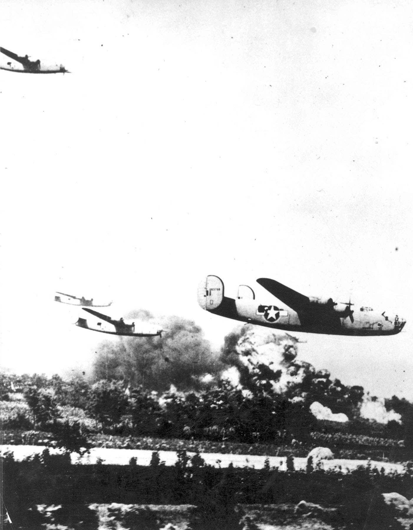 B-24 Liberator bombers over Ploesti oil fields during Operation Tidal Wave, Romania, 1 Aug 1943.