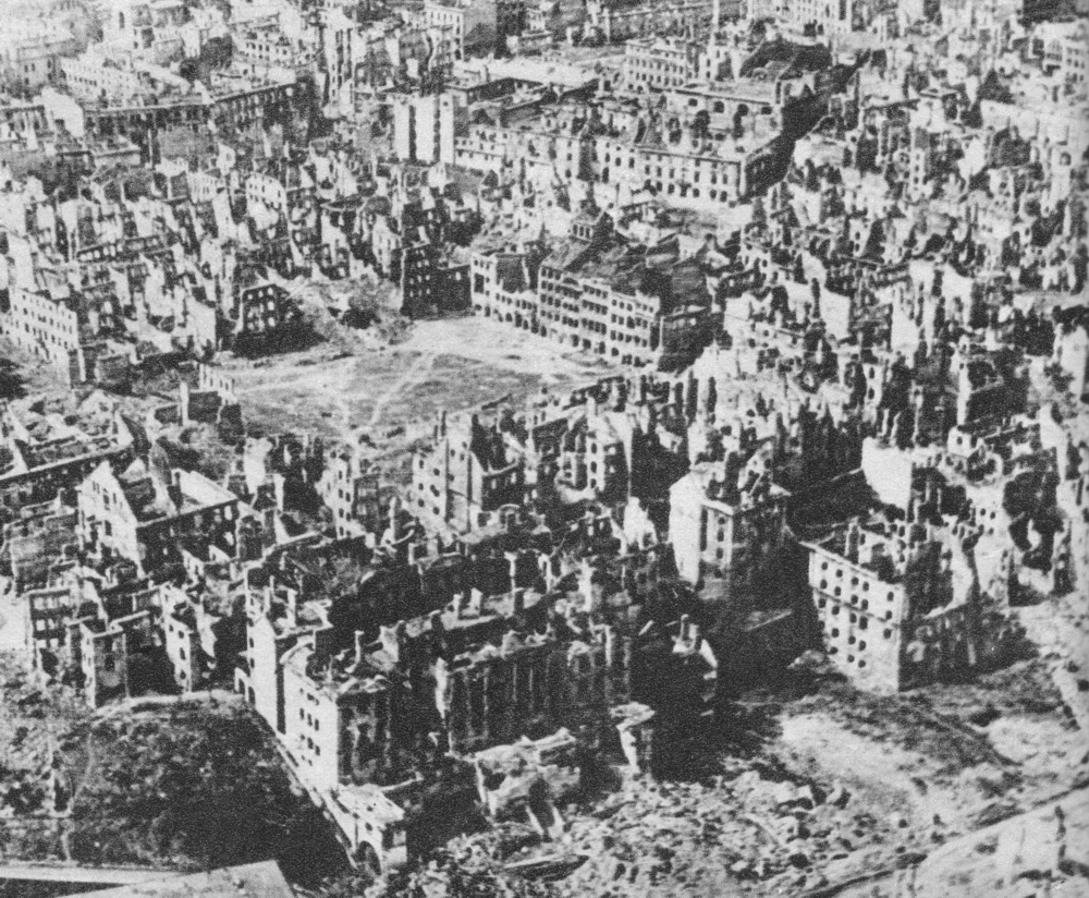 Aerial view of Warsaw, Poland, showing devastation from the fighting during the Warsaw Uprising and the deliberate German destruction of the city after the uprising, Jan 1945