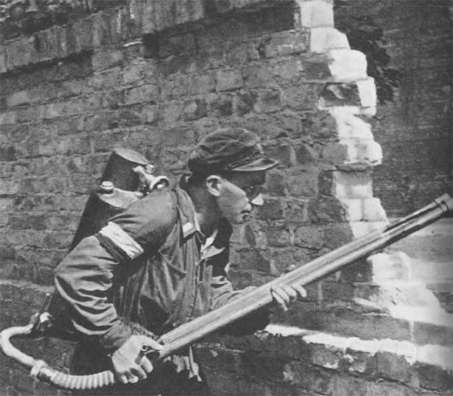 Polish resistance fighter with K pattern flamethrower, Warsaw, Poland, 22 Aug 1944