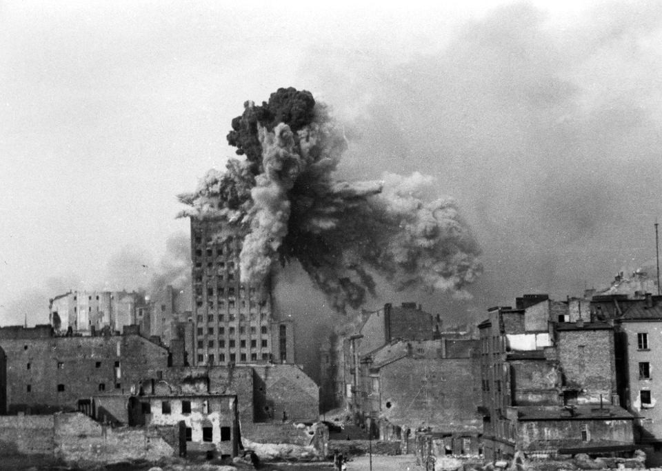 Prudential building in Warsaw, Poland exploding as it was hit by a shell from a German Karl-Gerät self-propelled howitzer, 28 Aug 1944