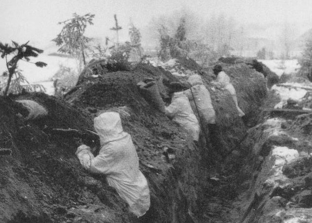 Finnish troops in a trench on the Mannerheim Line, Finland, 1939-1940